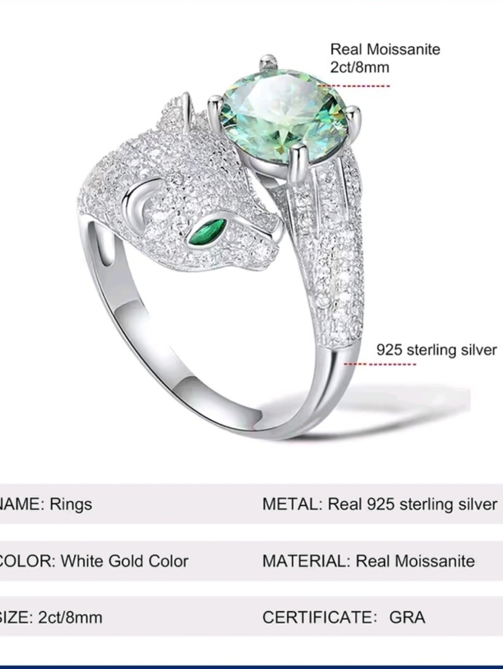 Silver Panther Ring with Green and Blue-Green Stones - Picture 5 of 7